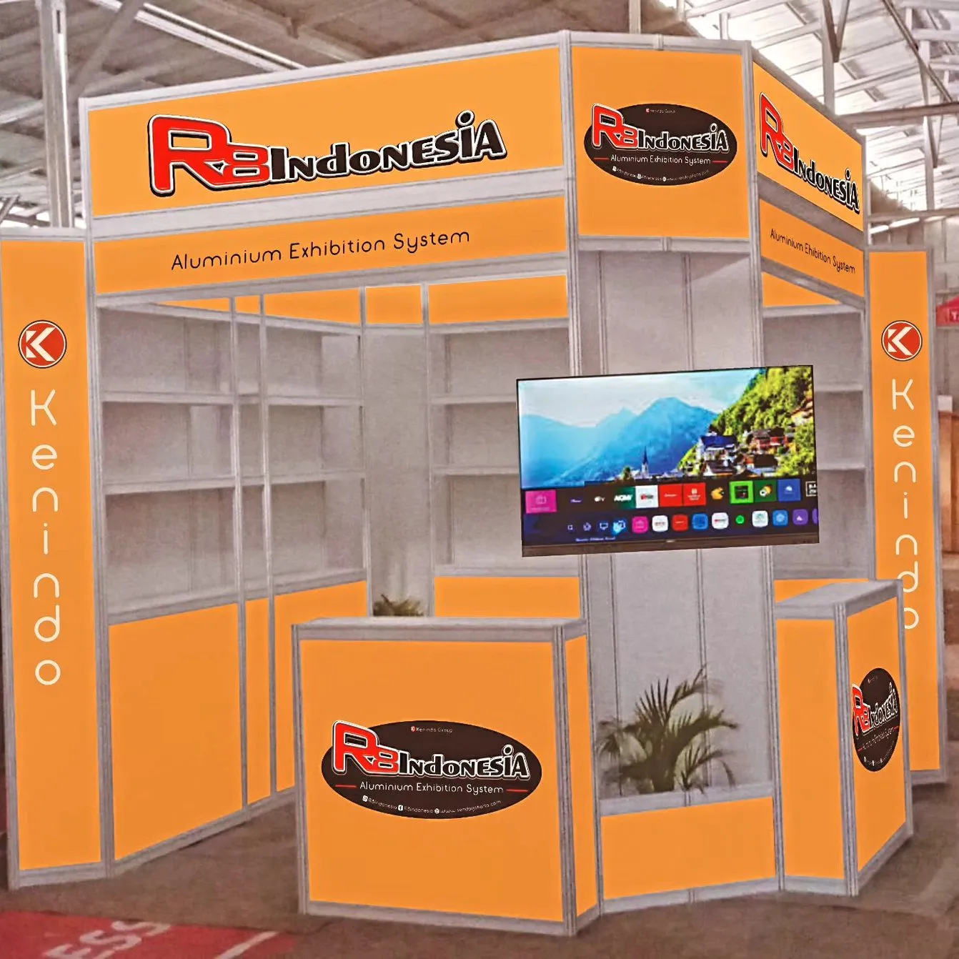 Booth sistem aluminium R8 Indonesia dengan rak display bertingkat